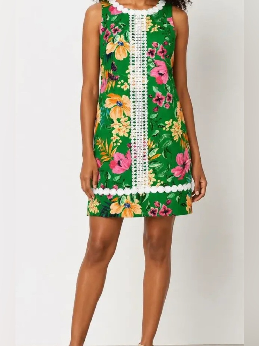Eliza J Green Floral Shift Dress with White Crochet Trim
